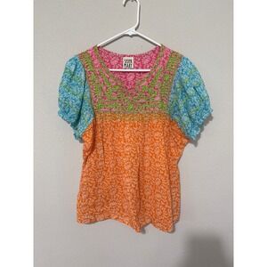 Sister Mary Patsy Top Women XS Colorful Embroidered Smocked Peasant Floral